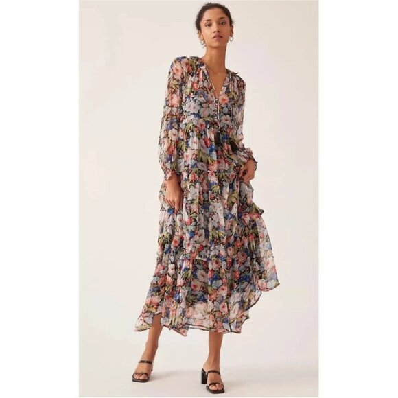 Anthropologie The Marais Printed Chiffon Maxi Dress Floral Sheer Overlay L - Picture 2 of 15